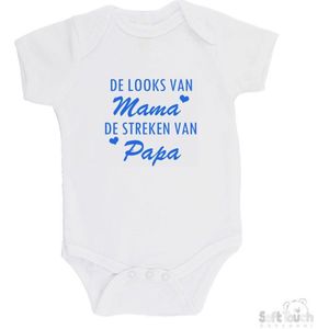 100% katoenen Romper ""De looks van mama, De streken van papa"" Jongens Katoen Wit/blauw Maat 62/68