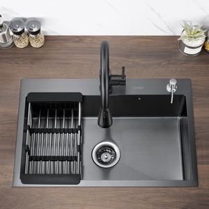 Lonheo max Spoelbak 68x45 - Inbouwspoelbak - Spoelbak Keuken RVS - Spoelbak Met Kraangat - Spoelbak Met Zeepdispenser - Verstelbaar Mandje - Overloop en Sifon - Antraciet