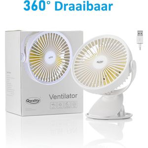 Ventilator met Clip - USB - 360° Draaibaar - Tafelventilator - Eenvoudige bevestiging - 2600 mAh Accu Batterij - Extra Stil - Qwality