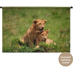 Wandkleed Leeuwen - Twee welpen in gras Wandkleed katoen 120x80 cm - Wandtapijt met foto