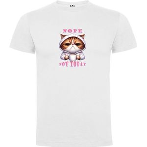Wit T-Shirt met “Kat in pyama - Nee vandaag maar niet - Nope Not today - Koffie“ Print Full Color Maat M