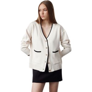 Trendyol Ecru Knoopdetail Met Gedetailleerd Kleurblok En Breed Patroon, Gebreide Cardigan Twoaw25Hi00256