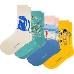 Kunst sokken - Lentekleuren 4-pack: Matisse, van Gogh, Klimt, Monet - Sokken Heren 41 46 - Sokken Dames 36 40 - Biologisch Katoenen Sokken - funny socks happy - Vrolijke Sokken - Grappige Sokken - Sokken Cadeau