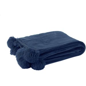 J-Line Plaid Pompom - fleece deken - polyester - blauw - 170 x 130 cm - woonaccessoires