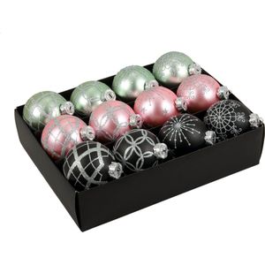 12x stuks luxe glazen gedecoreerde kerstballen mint/roze/bruin 7,5 cm - Luxe glazen kerstballen - kerstversiering
