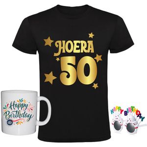 50 jaar Heren T-shirt + Koffiemok + Happy birthday bril - goud - verjaardag - shirt