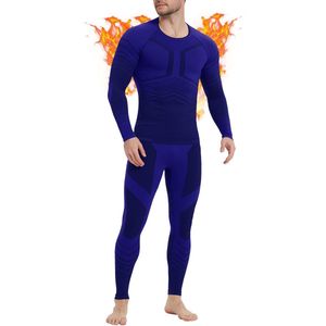 MEETYOO Thermo-ondergoed Heren Set : Naadloos Ademend en Comfortabel Basislaag voor Voetbal, Tennis, Skiën, Hardlopen en Outdooractiviteiten | Thermokleding Heren / 35% bamboe-houtskool, 57% nylon, 8% spandex-Blauw-XL