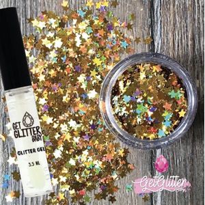 GetGlitterBaby® - Chunky Festival Glitters Sterretjes voor Lichaam en Gezicht Jewels Gel Glitterlijm Huid lijm / Face Body Glitter - Goud + Glittergel Huidlijm