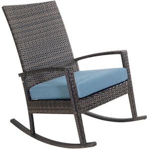 Luna Rocking chair - Schommelstoel buiten - Donker bruin poly rattan - Blauw Kussen - Tuinstoel schommelstoel - tuinmeubelen - loungemeubel outdoor voor terras, balkon, wintertuin