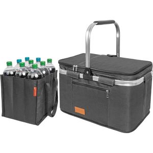 Opvouwbare boodschappenmand met flessentas - Set van koeltas en flessenmand picnic basket