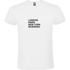 Wit T-Shirt met “ LONDON, PARIS, NEW YORK, WOERDEN “ Afbeelding Zwart Size XS