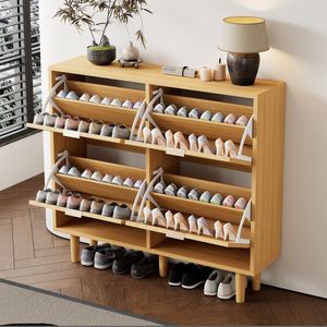 Sweiko Schoenenkast met 4 vouwladen, rotan schoenenkast met metalen handgrepen, houten meubels, rustieke stijl, 100 x 25 x 90 cm