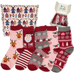 Tutti Footi - Kerstsokken Set Dames - Yrsa - 5 paar - maat 36-41 - Kerst Warme Sokken met Rendieren, Kerstman, Sneeuwvlokken etc. - Rood/Roze/Wit