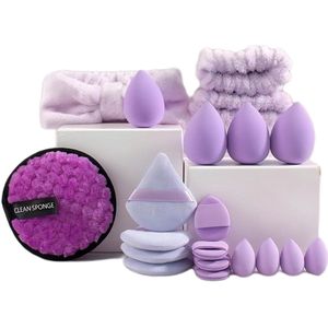 Set van 20 stuks - Gezichtsreiniger hoofd en polsband set - Inclusief make-upspons, poederdons en zachte driehoekige make-updons - Cadeau voor vrouwen en meisjes - Mode-item - Paars