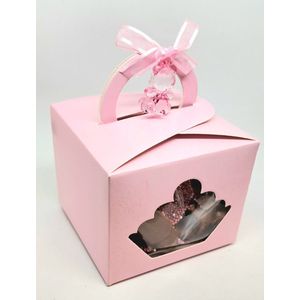 Geboorte Chocolade roze in lux kubusdoosje - Kraam-cadeau - meisje - Geboorte - babyshower - snoep - speentjes - kinderwagens papflesjes - beertjes - 200gr. - Melk