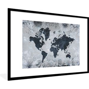 Fotolijst incl. Poster - Wereldkaart - Bloemen - Vintage - 120x80 cm - Posterlijst