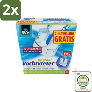Bison - Vochtvreter - Neutraal - Voor Woonruimtes, Campers & Caravans - 900 g + 2 Extra Navulmagneten - Voordeelverpakking - 2 stuks - Vocht absorberen - Schimmelbestrijding