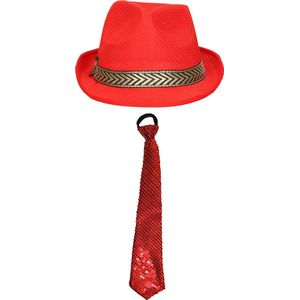 Toppers in concert - Carnaval verkleedset Classic - hoed en stropdas - rood - heren/dames - verkleedkleding accessoires