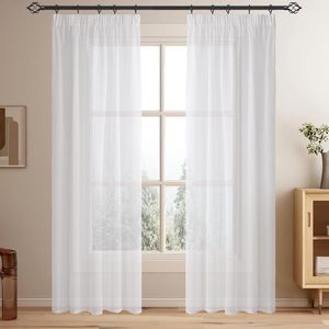 Gordijnen met Ruffle Tape, Witte Transparante Linnen Look Voile Gordijn, 240 cm Hoog, Set van 2