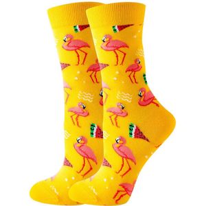 SilverAndCoco - Gekke Vrolijke Foute Sokken / Leuke Grappige Happy Dikke Warme Huissokken Dames Heren Kerstcadeau pakket / Gele Thermosokken Katoen / Wintersokken Mannen en Vrouwen Socks Geel Sinterklaas Schoen Kerst Cadeautje - Flamingo Watermeloen
