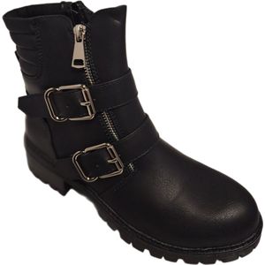 LUCKYSHOES-BIKERBOOTS-2 RIEMPJES MET GESP-2 FANCY ZIPPERS IN FRONT-3CM HAK-39