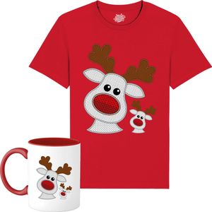 Rendier Buddies - Foute Kersttrui Kerstcadeau - Dames / Heren / Unisex Kleding - Grappige Kerst Outfit - Knit Look - T-Shirt met mok - Unisex - Rood - Maat L