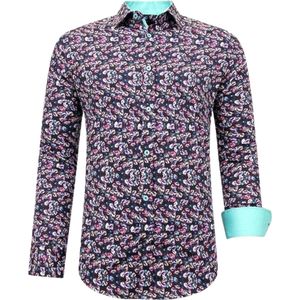 Luxe Satijn Heren Overhemd Bloemen Print - 3076NW - Zwart / Turquoise