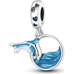 Fler® | Bedel | Past op populaire bedel armbanden (standaard-3mm) | armbandbedel | Blauwe Dolfijn in Zee | Duiken | Zee Charm | Vakantie | Holiday | Hangbedel Charm | 925 Sterling Zilver | Emaille | Blauw | Kerstcadeau | Valentijn kado
