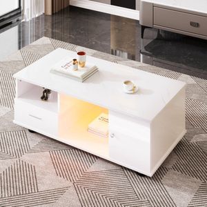 Moderne salontafel met LED-verlichting - hoogglans marmerlook blad - rechthoekige salontafel met één lade drie planken - 110 x 38,8x 55 cm - wit