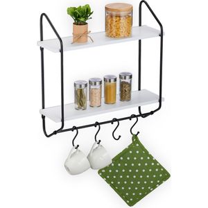 Relaxdays keukenrek hangend - wandrek met haken voor kopjes - smal hangrek met 2 planken