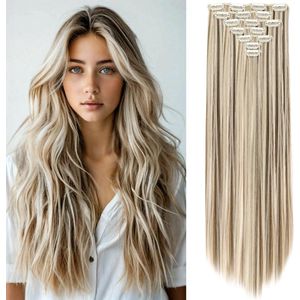 Clip-In Haarverlengen - 56 cm - 7 Stukken - Synthetische Vezels - Rechte of Golvende Natuurlijke Look voor Vrouwen - Lichtbruin, Gemengd Asblond