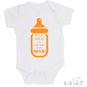 100% katoenen Romper ""Blijf kalm en geef mij mijn MELK!"" Unisex Katoen Wit/mosterd Maat 62/68