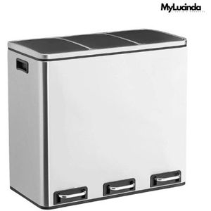 Mylucinda® Prullenbak Voor Afvalscheiding – 3 x 18L – Vuilnisbak Met Pedalen En Handvatten – Ergonomisch Afvalscheidingssysteem – Zilver