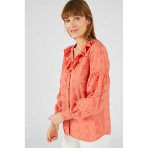 Damart - Blouse in zuiver katoen met volants en broderie anglaise - Dames - Oranje - 40