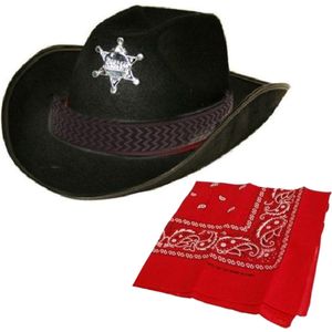 Cowboy verkleed set Cowboyhoed zwart Sheriff met rode western zakdoek