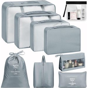 Koffer-organizerset, 9-delig, Packing Cubes Travel Organizer, pakzakken, set voor op reis, met transparante toilettas, kledingtassen voor koffer, grijs