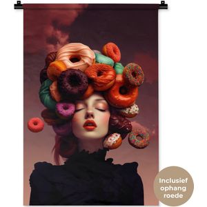 Wandkleed 60x90 cm - Wanddoek Vrouw - Donuts - Kleurrijk - Wandtapijt - Wandkleden