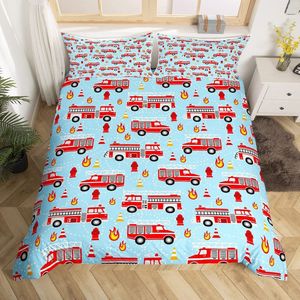 Boraboi ® Brandweerauto Dekbedovertrek Set voor Kinderkamer - 135x200 cm - Inclusief Kussensloop - Rood Voertuig Thema - Makkelijke Onderhoud - Ademend en Zacht