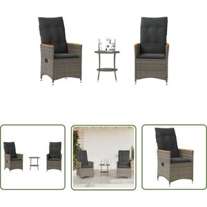 The Living Store 3-delige Bistroset met kussens poly rattan grijs - Tuinstoel - Bistroset - Lounge Set - Buitentijd - Relaxen