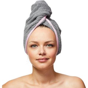 Haartulband van 100% biologisch katoen, tulband handdoek met knoop, dames en heren, grijs/roze