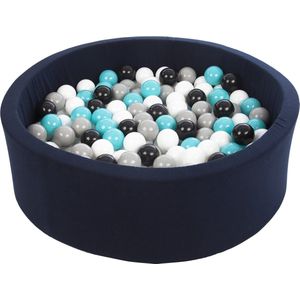 Ballenbad rond - navy - 90x30 cm - met 300 zwart, wit, grijs en turquoise ballen