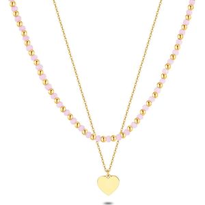 Twice As Nice Halsketting in goudkleurig edelstaal, dubbele ketting, hartje, roze kristallen 38 cm+5 cm