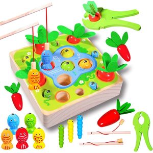 Speelgoed - Educatief - Speelgoed 1+ Jaar - Puzzel - 2 Hengels - 5 Vissen - 6 Wormen - 5 Wortels - Hout