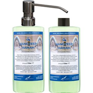 Handzeep Hamam 500 ml - set van 2 stuks - met gratis RVS zilverkleurige pomp - Voordeelverpakking