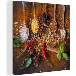Canvas - Lepel - Kruiden - Specerijen - Chilipeper - Keuken - Hout print - Kamer decoratie - Canvas doek - 50x50