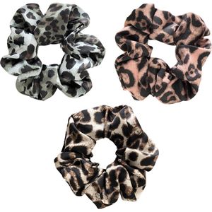 Scrunchie kraagjeskopen.nl - panterprint beige groen koper satijn exclusief haarwokkel haarelastiek - 3 stuks - extra groot - scrunchies