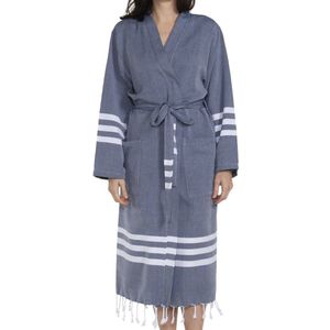 Hamam Badjas Bala Sultan Navy - S - met franje - hamam kimono badjas - ochtendjas - sauna badjas - zomer badjas - middellang - dun