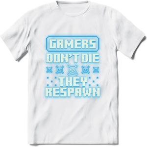 Gamers don't die pixel T-shirt | Neon Blauw | Gaming kleding | Grappig game verjaardag cadeau shirt Heren – Dames – Unisex | - Wit - XXL