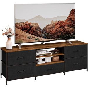 JGS® - Elegante TV-meubel met 5 Laden en Open Planken, Industriële Stijl, Zwart, Geschikt voor TV's tot 65 Inch -