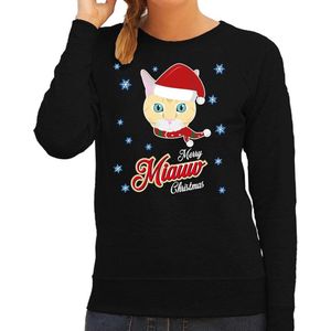 Foute Kersttrui / sweater - Merry Miauw Christmas - kat / poes - zwart voor dames - kerstkleding / kerst outfit M
